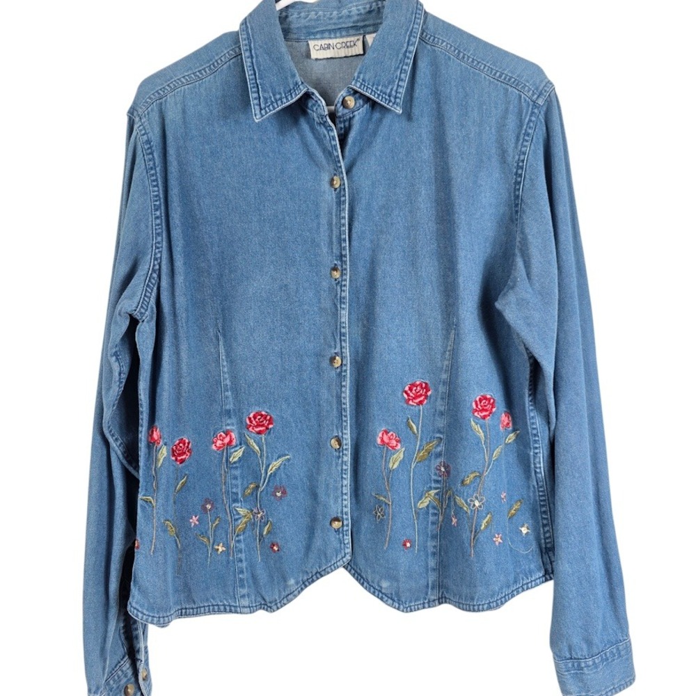 VTG Cabin Creek Denim Shirt Womens Medium Blue Floral Embroidered  Button Up